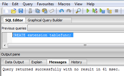 Enabling the tablefunc extension with SQL command, postgresql pivot table