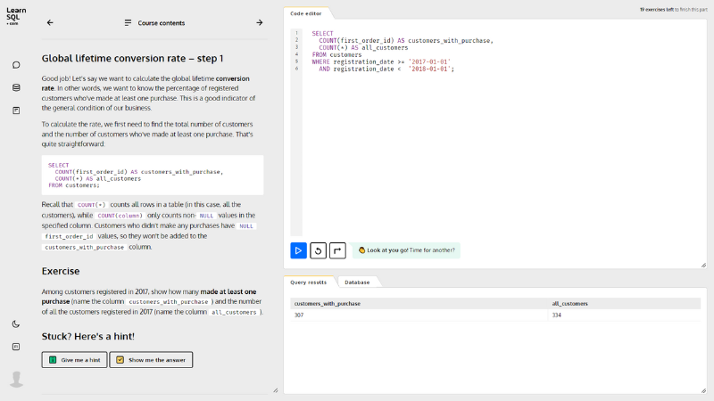 LearnSQL.com exercise screen